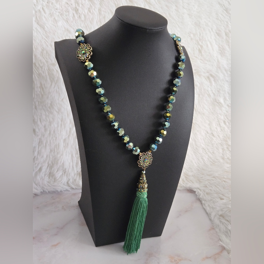 Heidi Daus Green Glass Beaded Tassel Necklace AB Crystal Floral Statement Gold